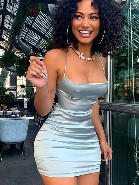 Chic Sheath Column Silk like Satin Ruched Spaghetti Straps Sleeveless Short Mini Homecoming Dress c2786