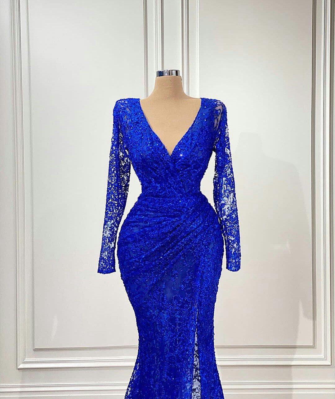 Royal Blue Mermaid Evening Gowns V Neck Long Sleeve Side Split Evening Gowns Red Carpet Illusion Prom Dress c2872
