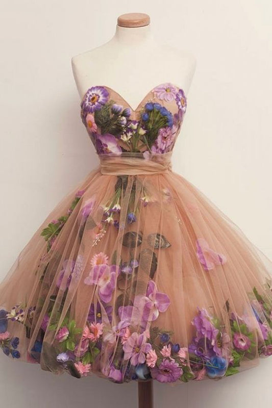 A-Line Sweetheart Above-Knee Champagne Tulle Homecoming Dress with Flowers c2707