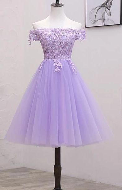 Light Purple Lace And Tulle Off The Shoulder Homecoming Dress, Short Party Dress c2779