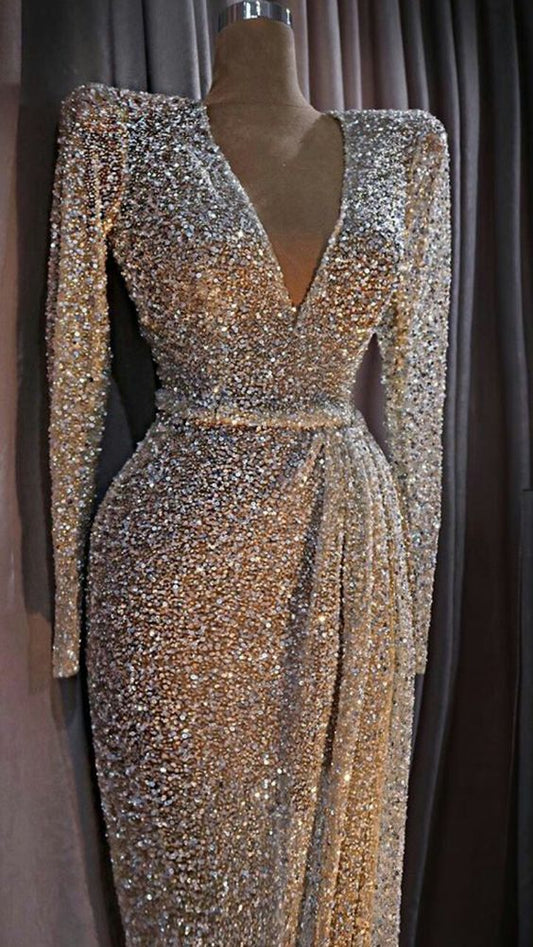 V Neck Sequins Prom Dress Vintage Party Dress c2741