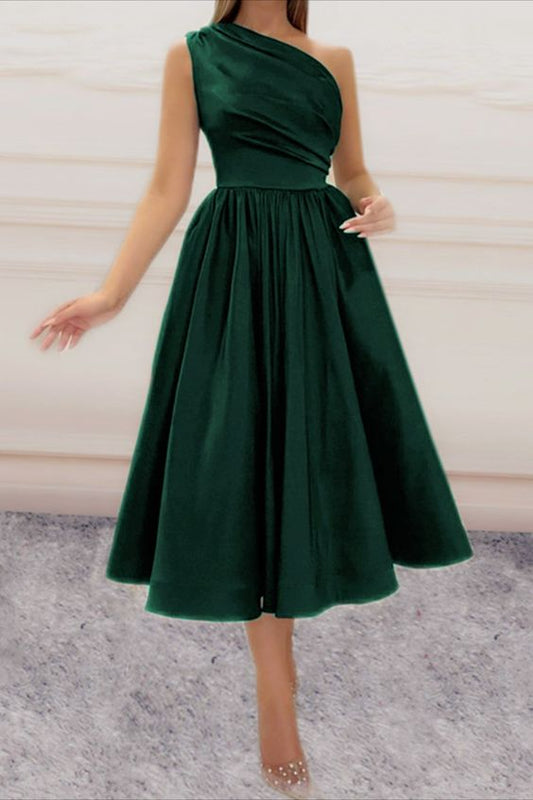 Green Satin Tea Length Formal Bridesmaid Dresses One Shoulder Party Dress For Bridal Party c2793