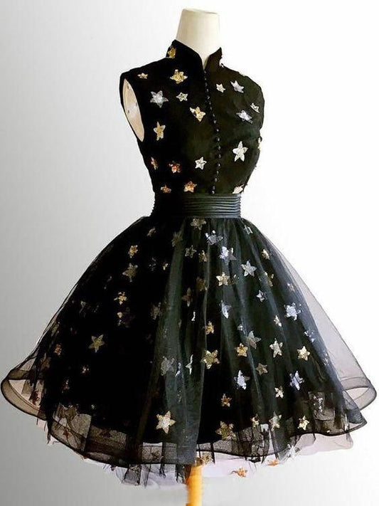 Chic A-line High Neck Homecoming Dresses Black Short Dress Cute Homecoming Dress c2726