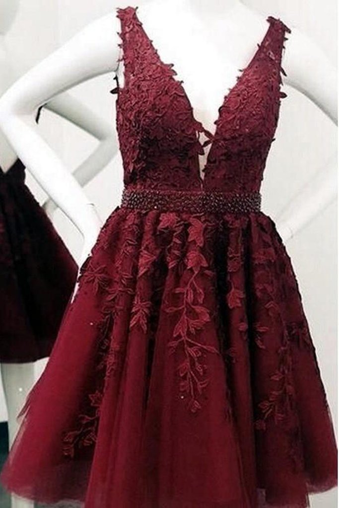 Cute Red Lace Appliques Homecoming Dresses V Neck Tulle Above Knee Short Prom Dress c2747