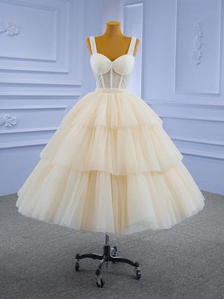 Champagne Tulle Straps Tiers Beading Short Prom Dress c2821