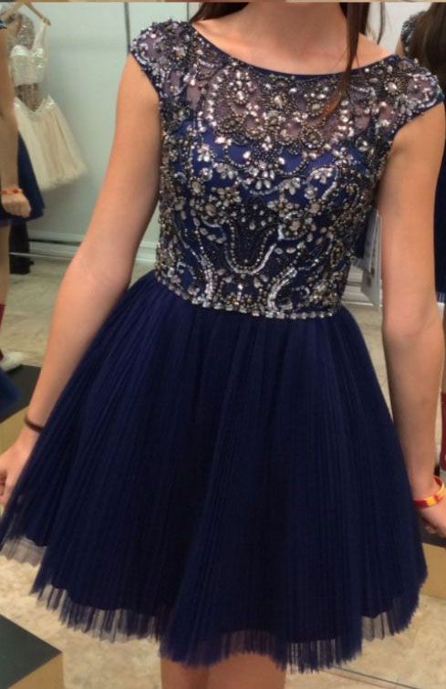 High Quality Tulle Scoop Short Navy Blue Prom Dresses Homecoming Dresses With Beaded c2722