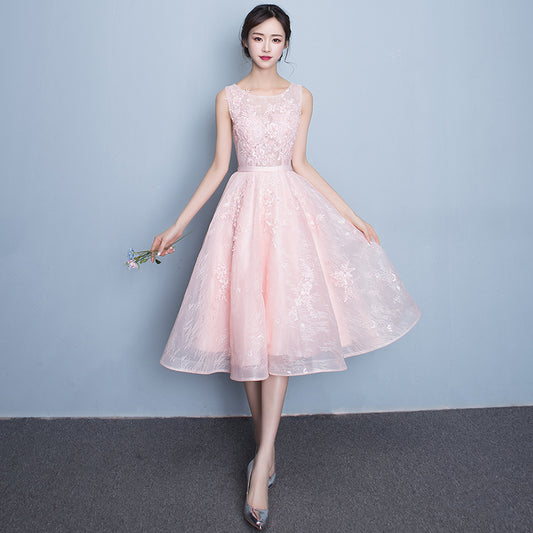 Pink round neck lace short prom dress, lace evening dress c2697