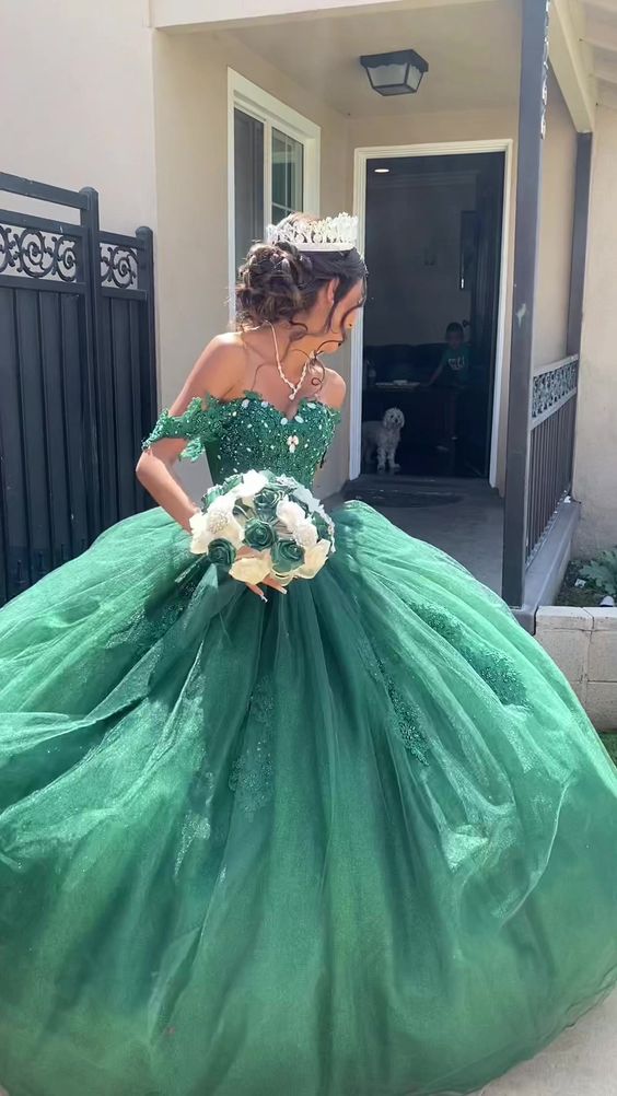 Off The Shoulder Green Ball Gown Sweet 16 Dress c2769