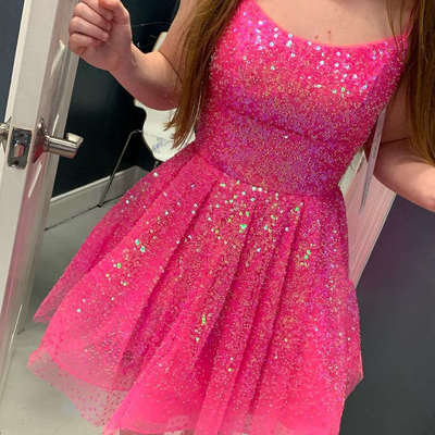 Glitter Straps Hot Pink Short Homecoming Dress c2706