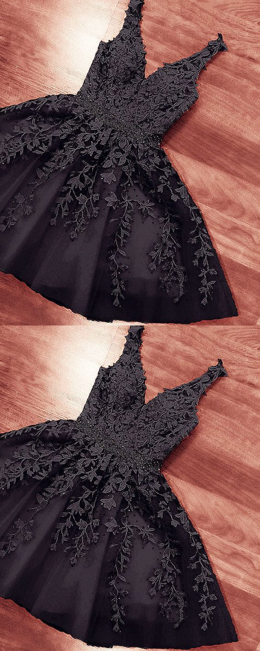 Short Black Lace Embroidery V Neck Homecoming Party Dress A-line Party Dress c2787