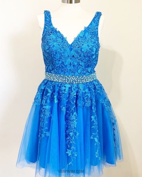 Blue Tulle V Neck Classic Lace Appliqued Homecoming Dress With Beading Belt c2816