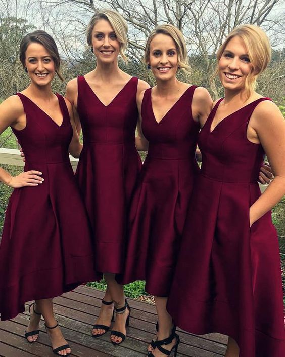 Fashionable burgundy V neck tea length dress party dress c2831