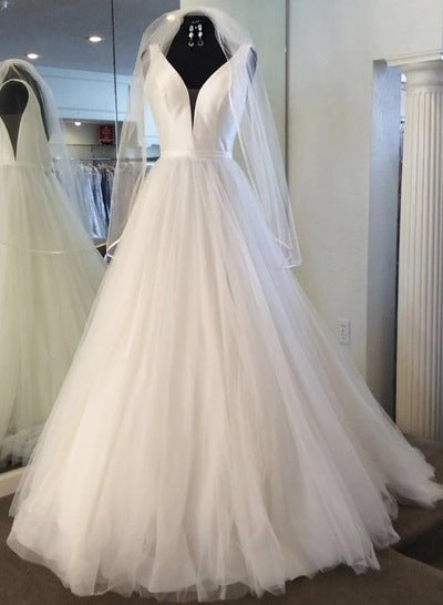 White Tulle Satin A Line V Neck Long Formal Dress Simple Prom Dress c2852