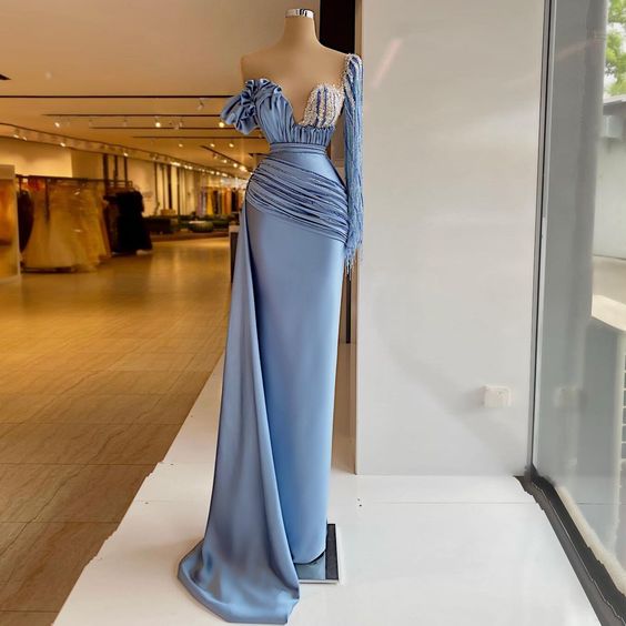 Elegant Satin Luxury Evening Dresses One Shoulder Long Sleeve Sequins Women Prom Party Pageant Gowns Plus Size Custom Made c2705