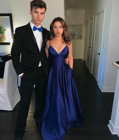 Chic Spaghetti Straps V-neck Satin Simple Long Prom Dresses c2828
