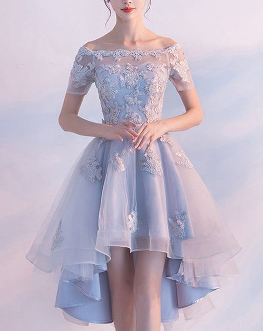Light Blue High Low Elegant Prom Dress Lace Appliques Beaded Off Shoulder Short Sleeve Back Design Lace-up Short Homecoming Dresses c2763
