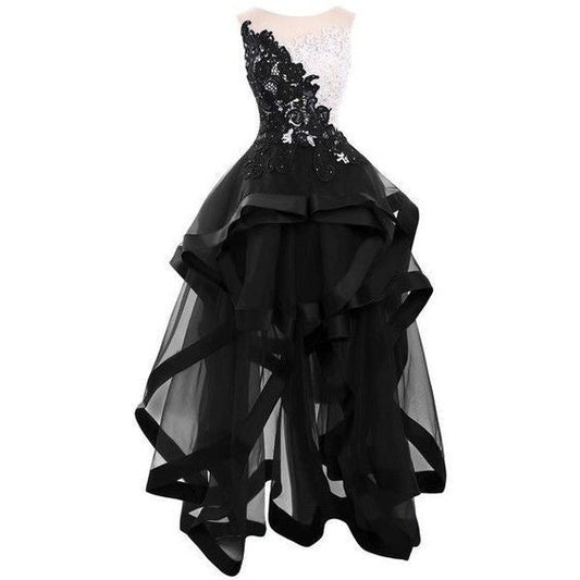 Black Lace Appliques Homecoming Dresses,Elegant Round Collar Sleeveless Party Dresses,Tulle High-Low Homecoming Dresses c2727