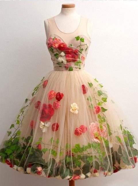Tulle Short Homecoming Dress A-Line Scoop with 3D Florals c2708