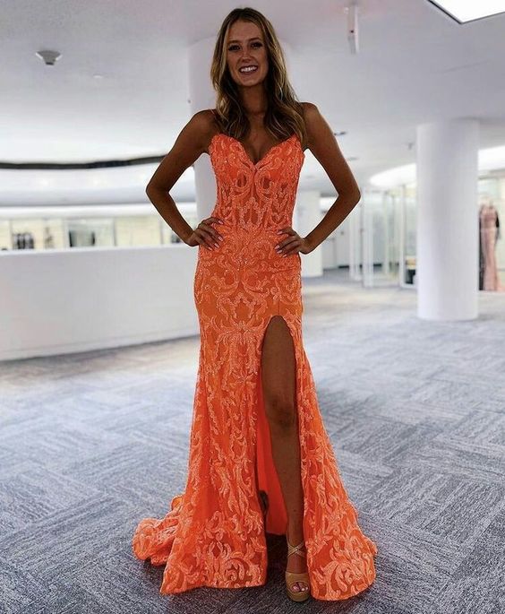 Beautiful Sheer V Neck Orange Prom Dress Lace Applique Orange Evening Dress c2882