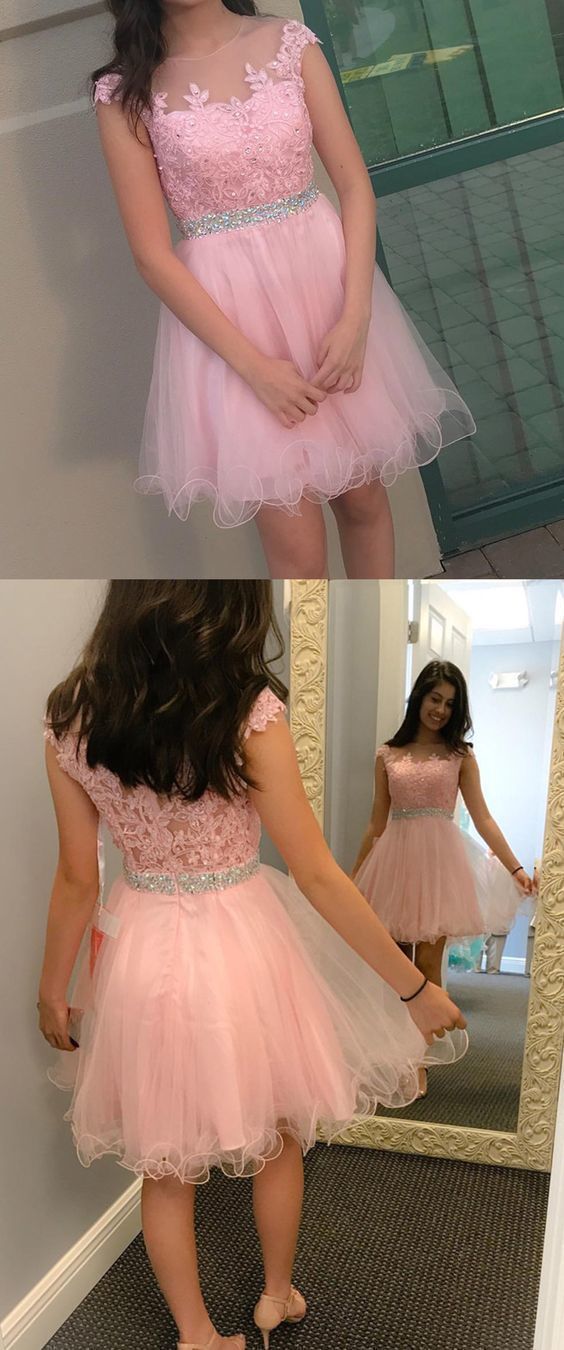 A-Line Illusion Bateau Cap Sleeves Pink Homecoming Dress with Beading c2817