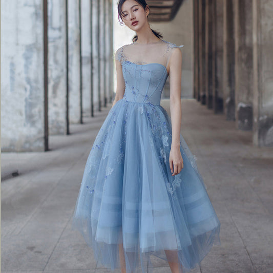 Cute blue tulle short prom dress evening dress c2695