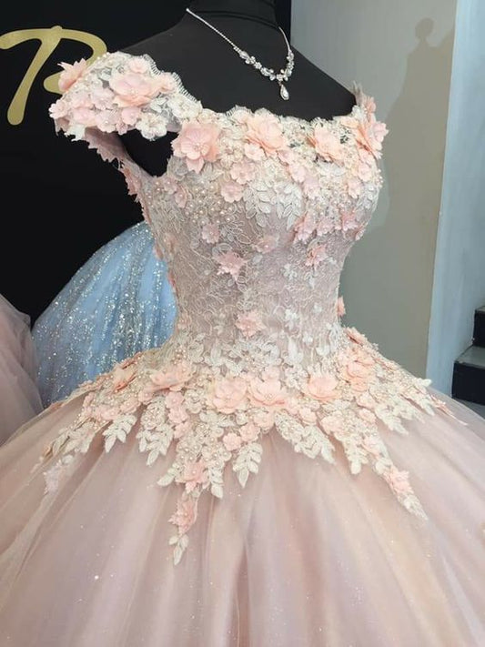 Pink Long Sweet 16 Dress Evening Party Celebrity Gown Ball Gown With Flowers Cap Sleeves c2841