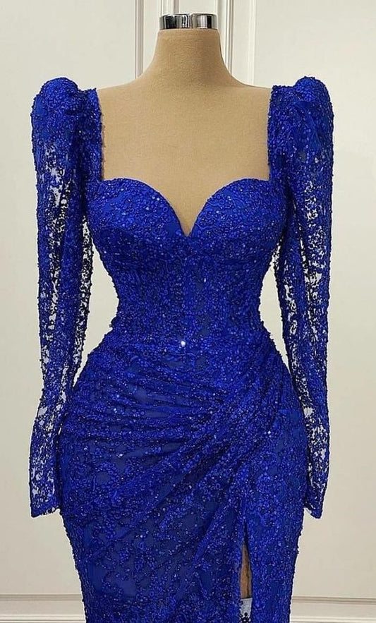 Royal Blue Vintage Prom Dress Long Sleeves Evening Dress c2732