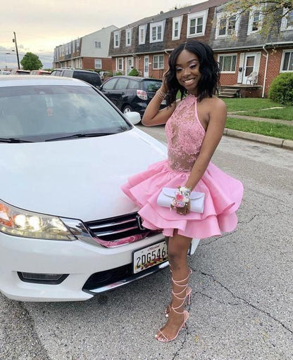 Pink Short Homecoming Dress With Top Lace c2770