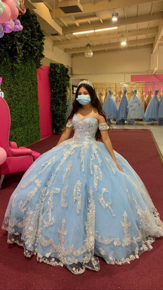 Light Blue Ball Gown With Appliques Sweet 16 Dress c2798