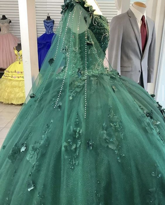 Emeral Green Ball Gown 3D Flowers Sweet 16 Dress c2753