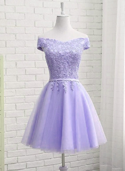 Light Purple Tulle Short Homecoming Dress Cute Off Shoulder Party Dress  c2715