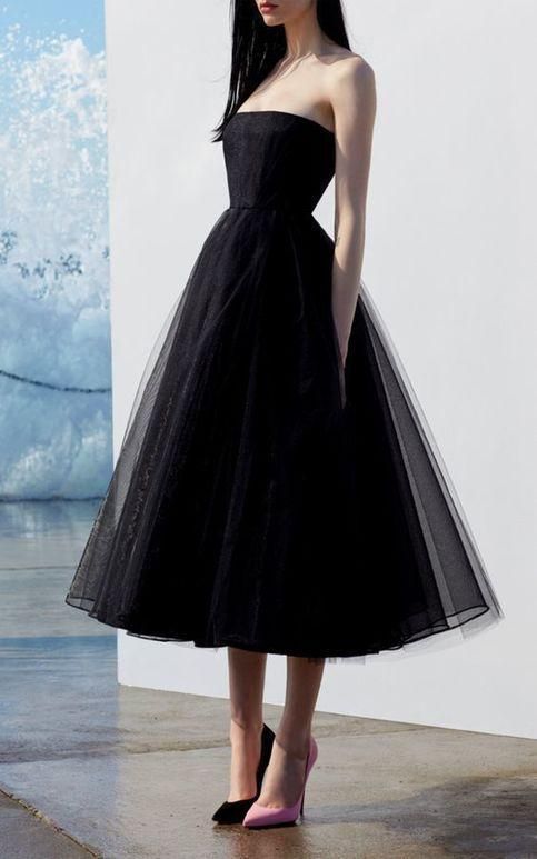 Simple A line black tulle strapless prom dress c2839