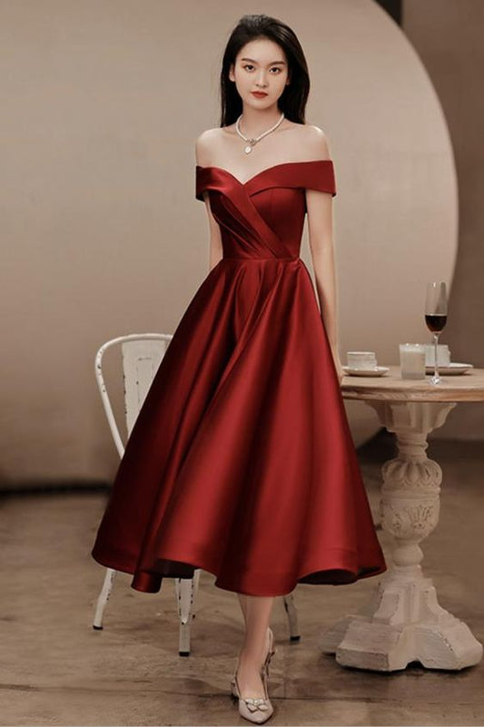 Elegant Satin Tea Length Party Dress, Wine Red Short Prom Dresses c2823