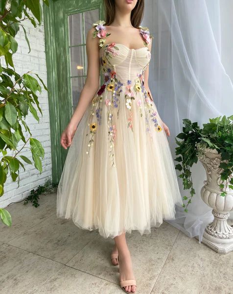 Tea Length Straps Homecoming Dress With Flower, Cocktail Dresses With 3D Flower c2709