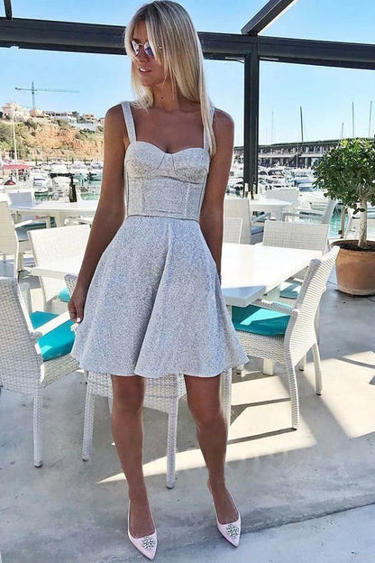 A Line Spaghetti Straps Short Sleeveless Sweetheart Silver Homecoming Party Dresses c2664
