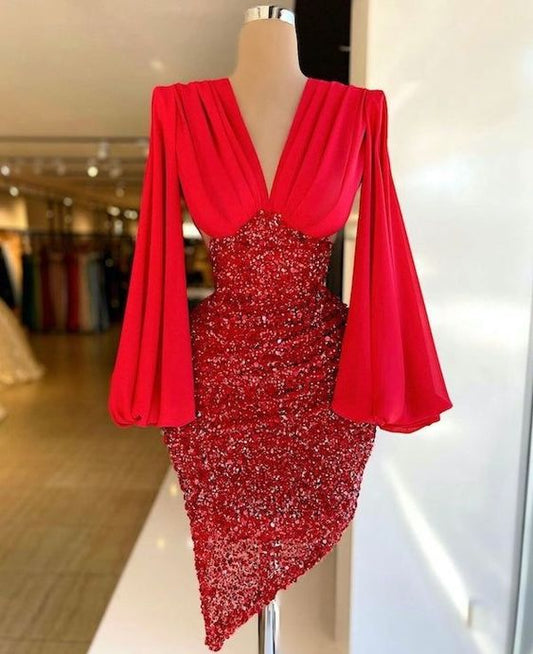 Red Short Irregular Party Dress Puffy Sleeves Homecoming Dress c2650