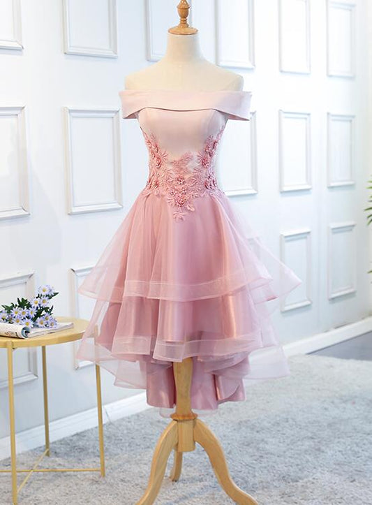 Lovely Off Shoulder Tulle Pink Layers Homecoming Dress, High Low Party Dress c2692