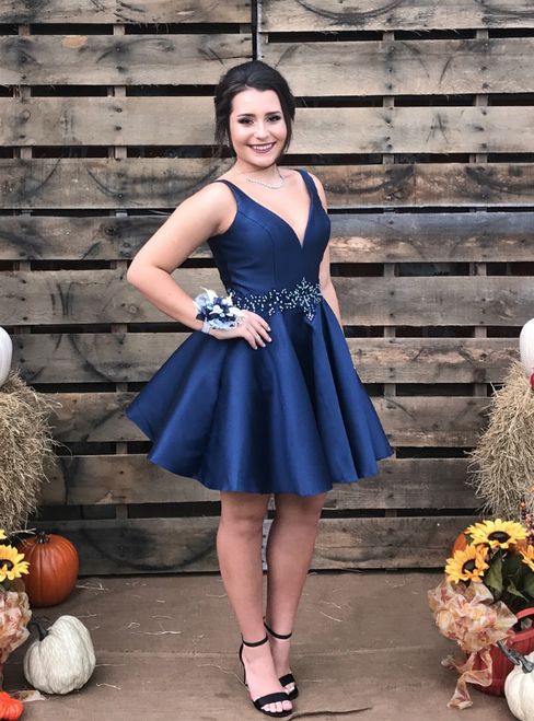 Blue Satin V-neck With Beading Short Homecoming Dress c2662