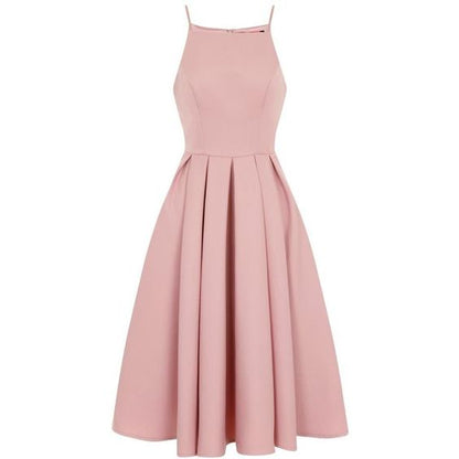 Pink Midi Pleated Skater Dress Featuring Halter Neck and Spaghetti Straps Homecoming Dress Simple Party Dress c2546