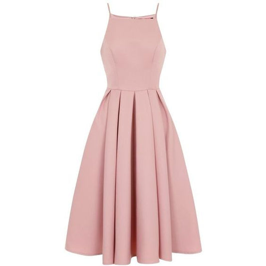 Pink Midi Pleated Skater Dress Featuring Halter Neck and Spaghetti Straps Homecoming Dress Simple Party Dress c2546