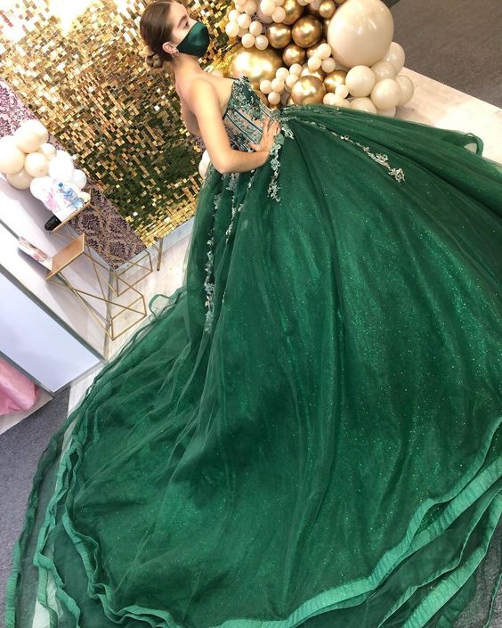 Green Ball Gown With Appliques Sweet 16 Dress Long Court Train c2559