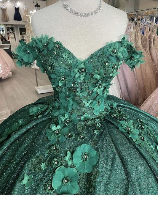 Off The Shoulder Ball Gown Green Sweet 16 Dress c2563