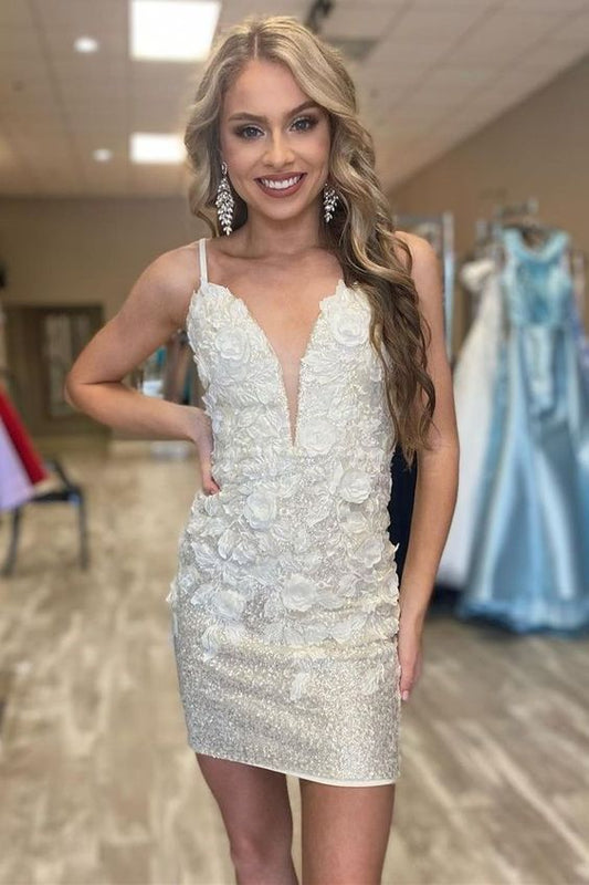 tight straps silver short homecoming dress party dress with flowers c2564