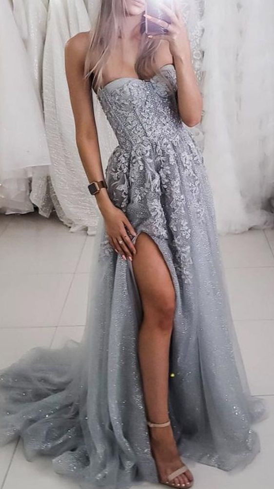 Gray tulle lace long A line prom dress evening dress c2567