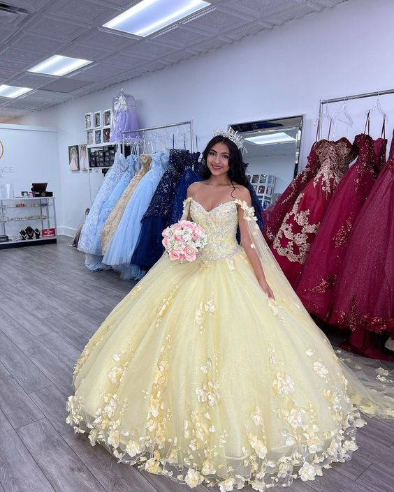 Yellow Ball Gown With Appliques Sweet 16 Dress c2558