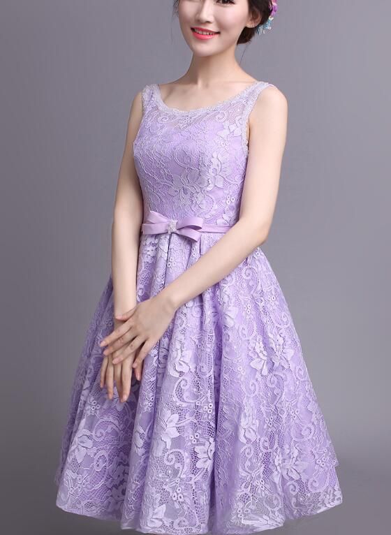 Beautiful Light Purple Lace Knee Length Wedding Party Dress, Round Neckline Short Prom Dress c3171