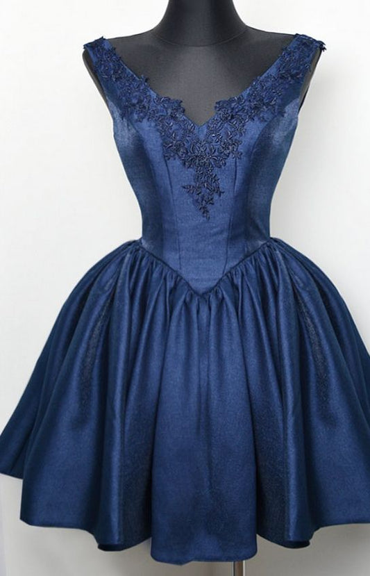 Short Satin V Neck Homecoming Dress,Swing A-Line Lace Homecoming Dresses c3203