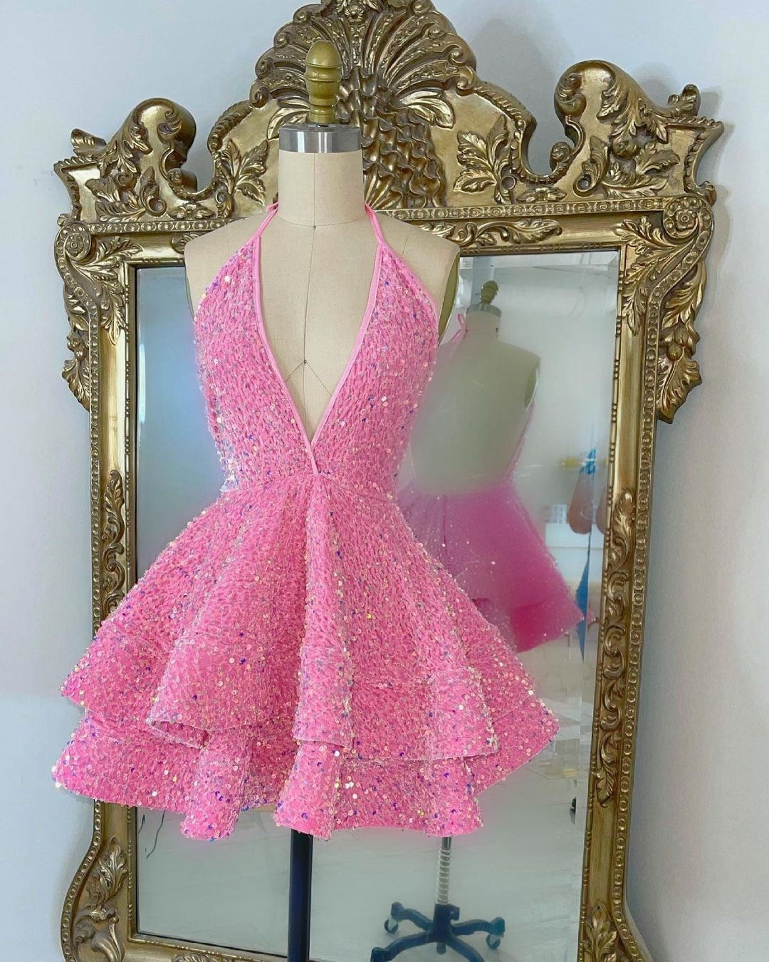 Sweet Girl Sequin Party Dress V Neck Ruffle Long Mini Dress Custom Back to School Dress c3244