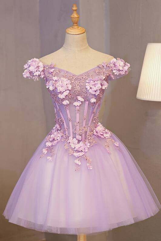 Off the Shoulder Light Purple Flower Homecoming Dress c3163