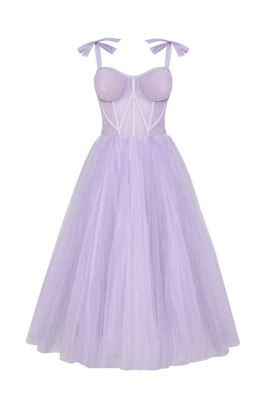 Tie shoulder midi tulle prom dress c3156